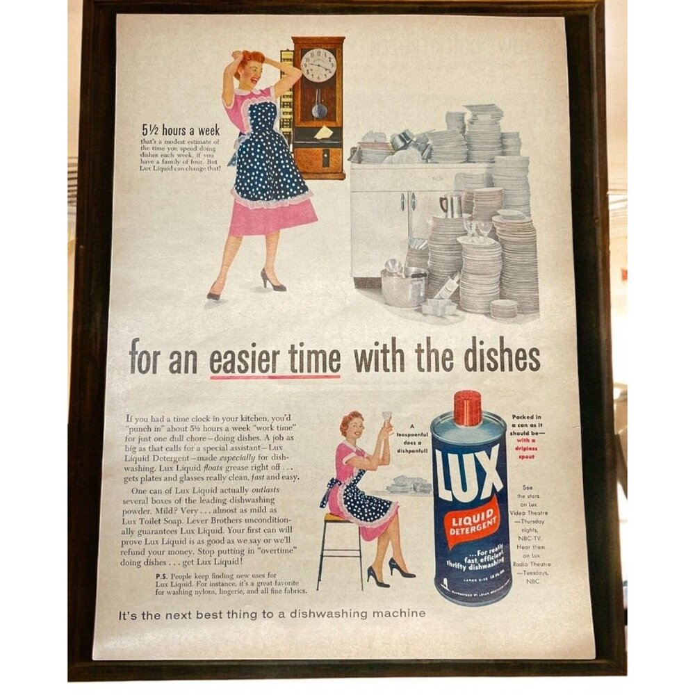 Lux Liquid Detergent Vintage Print Ad Color 1950s Stressed Housewife Dish Pile